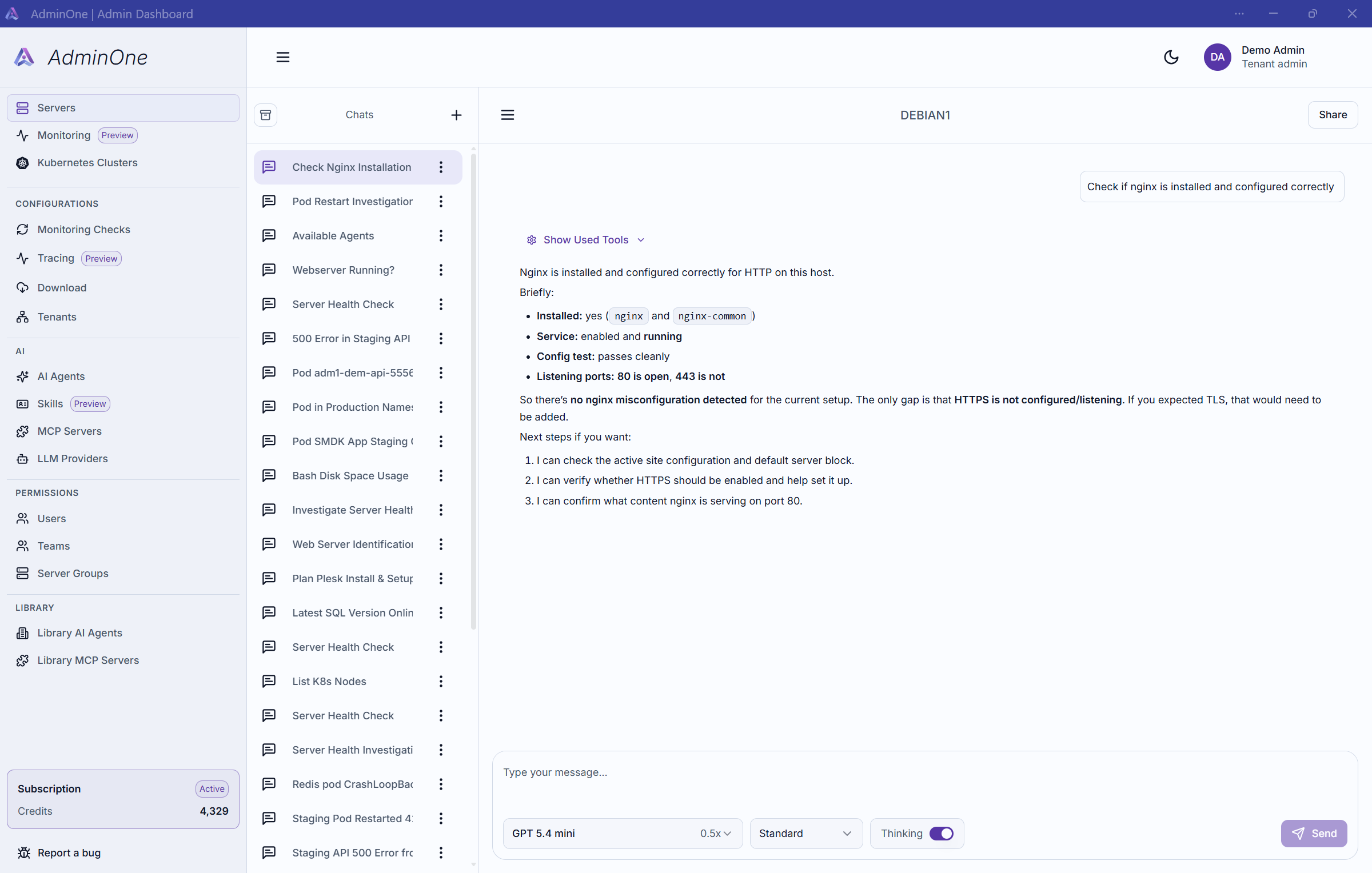 AdminOne dashboard showing incident investigation tools and context