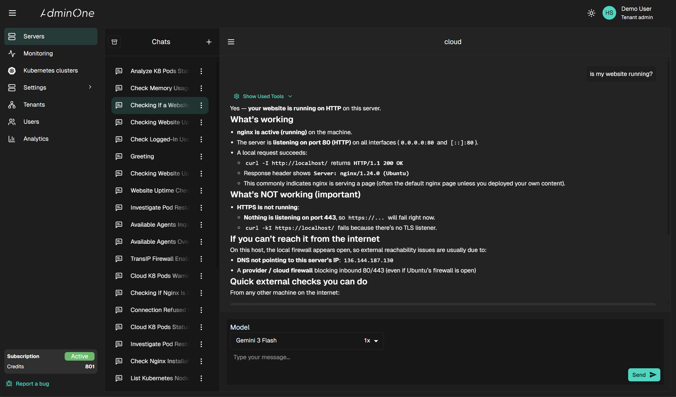 AdminOne dashboard showing incident investigation tools and context