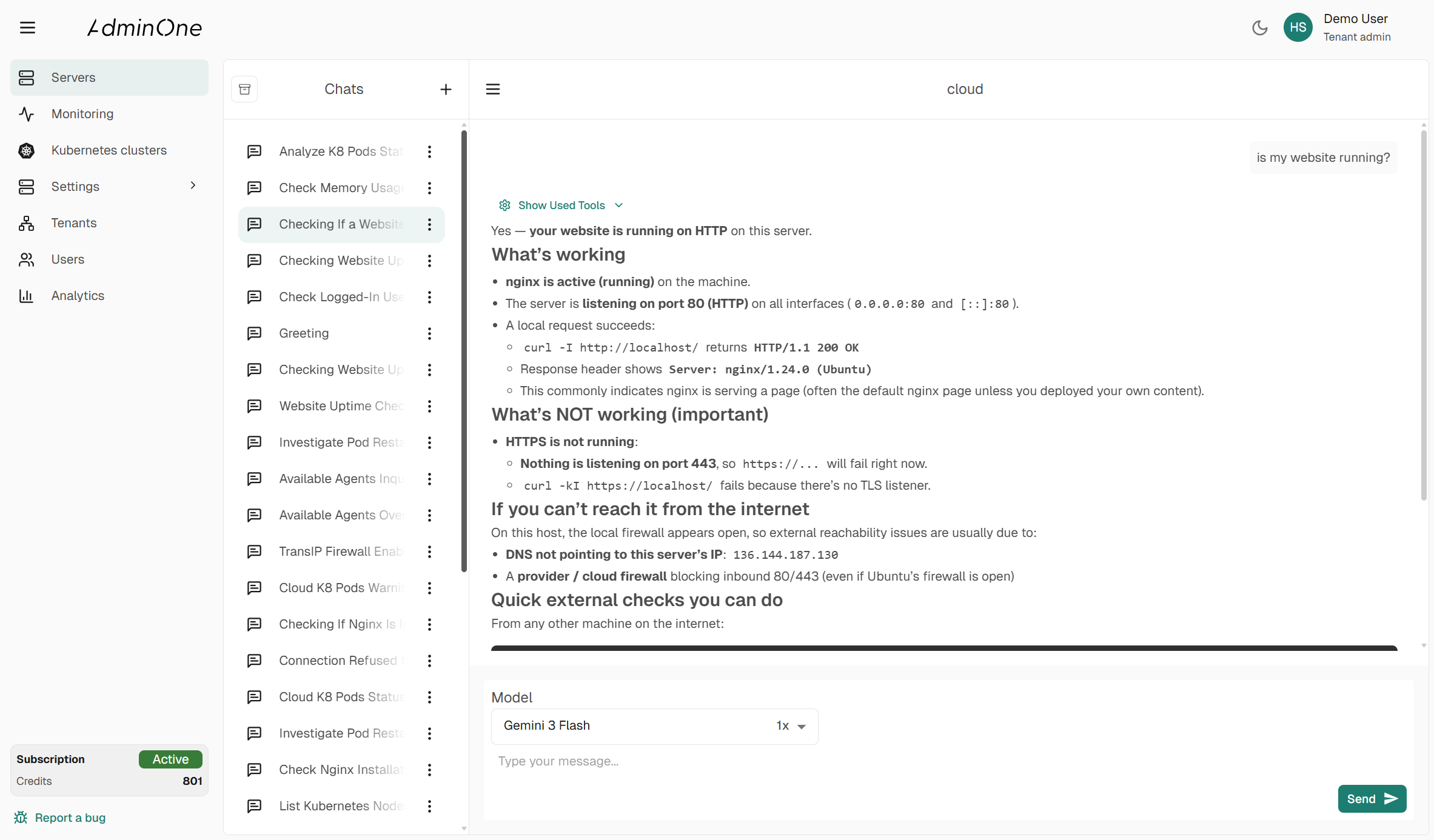 AdminOne dashboard showing incident investigation tools and context